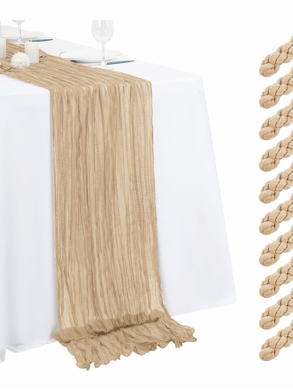 Set of 10 Neutral Tan Crinkled Table Runner